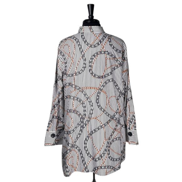 Chicos Womens Shirt 3 XL Navy White Chain Rope Stripe Tunic Stretch Button Top - Picture 2 of 10